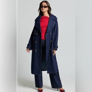 Vinnie Trench Coat - Denim Washed Trench Coat in Dark Blue Wash (Showpo)